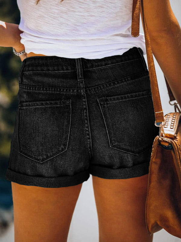 Stretch Mid Rise Denim Shorts with Holes-[Adult]-[Female]-2022 Online Blue Zone Planet