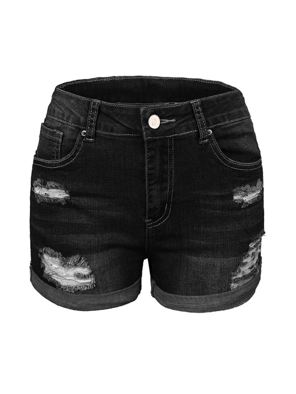 Stretch Mid Rise Denim Shorts with Holes-[Adult]-[Female]-2022 Online Blue Zone Planet