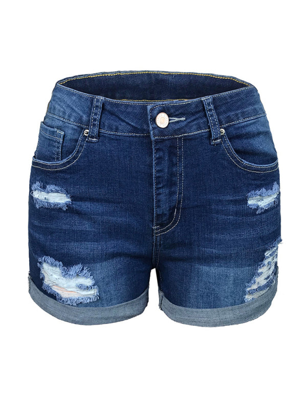 Stretch Mid Rise Denim Shorts with Holes-[Adult]-[Female]-2022 Online Blue Zone Planet