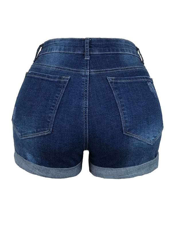 Stretch Mid Rise Denim Shorts with Holes-[Adult]-[Female]-2022 Online Blue Zone Planet