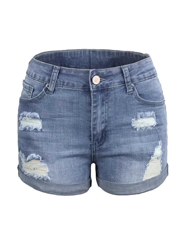 Stretch Mid Rise Denim Shorts with Holes-[Adult]-[Female]-2022 Online Blue Zone Planet