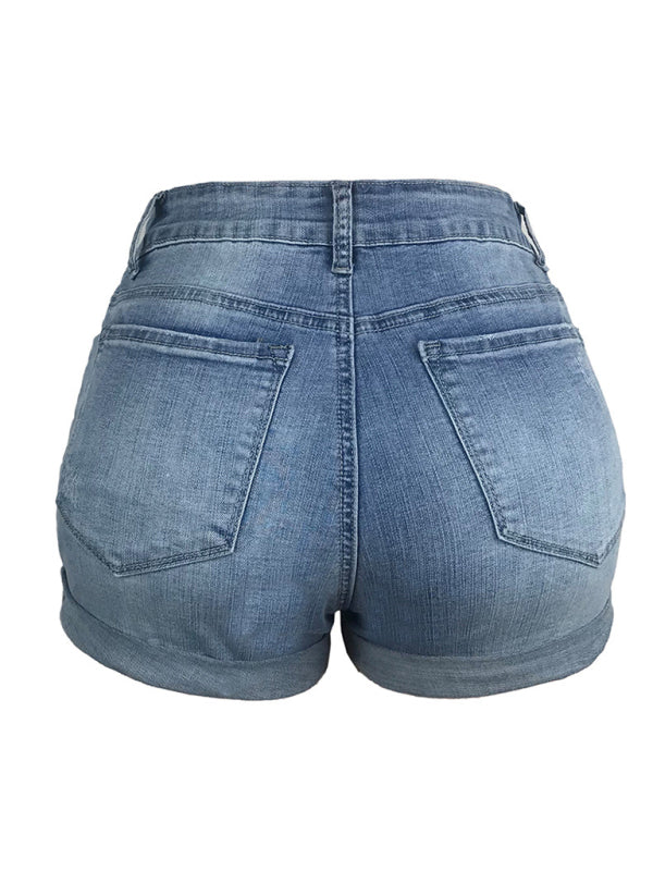 Stretch Mid Rise Denim Shorts with Holes-[Adult]-[Female]-2022 Online Blue Zone Planet