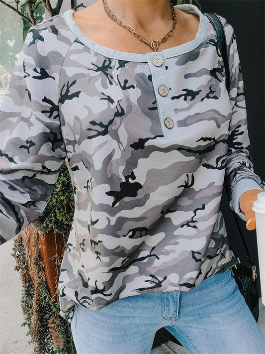 Casual loose camouflage long-sleeved T-shirt for women-[Adult]-[Female]-Printing 1-S-2022 Online Blue Zone Planet