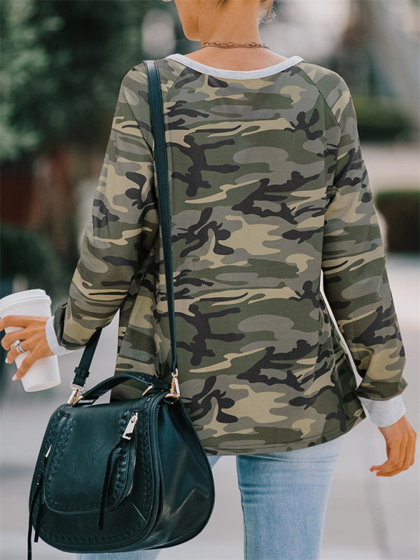 Casual loose camouflage long-sleeved T-shirt for women-[Adult]-[Female]-2022 Online Blue Zone Planet