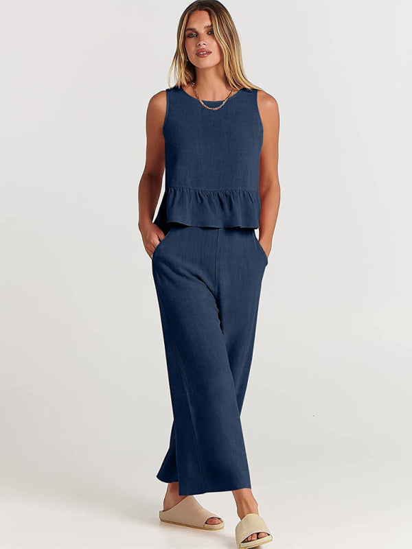 Blue Zone Planet | Sleeveless pleated vest wide-leg cropped pants suit BLUE ZONE PLANET