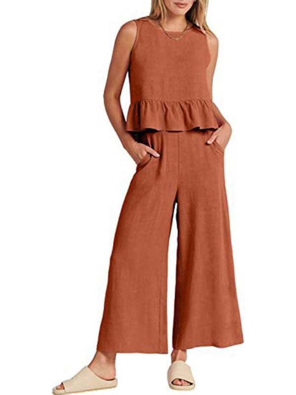 Blue Zone Planet | Sleeveless pleated vest wide-leg cropped pants suit BLUE ZONE PLANET