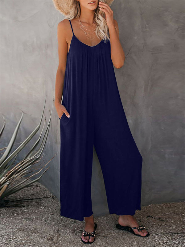 Trousers solid color side pocket loose spaghetti strap jumpsuit BLUE ZONE PLANET