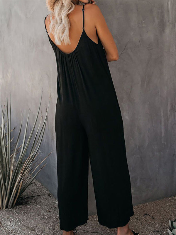 Trousers solid color side pocket loose spaghetti strap jumpsuit BLUE ZONE PLANET