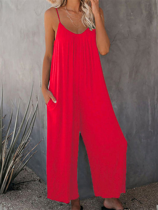 Trousers solid color side pocket loose spaghetti strap jumpsuit BLUE ZONE PLANET