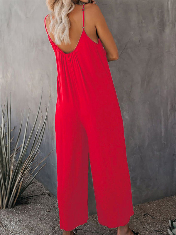 Trousers solid color side pocket loose spaghetti strap jumpsuit BLUE ZONE PLANET