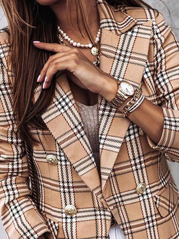 Long-Sleeved Double-Breasted Plaid-Print Blazer-[Adult]-[Female]-Pattern2-S-2022 Online Blue Zone Planet