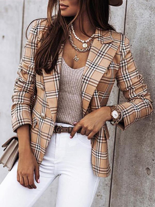 Long-Sleeved Double-Breasted Plaid-Print Blazer-[Adult]-[Female]-2022 Online Blue Zone Planet