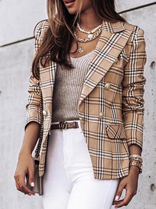 Long-Sleeved Double-Breasted Plaid-Print Blazer-[Adult]-[Female]-2022 Online Blue Zone Planet