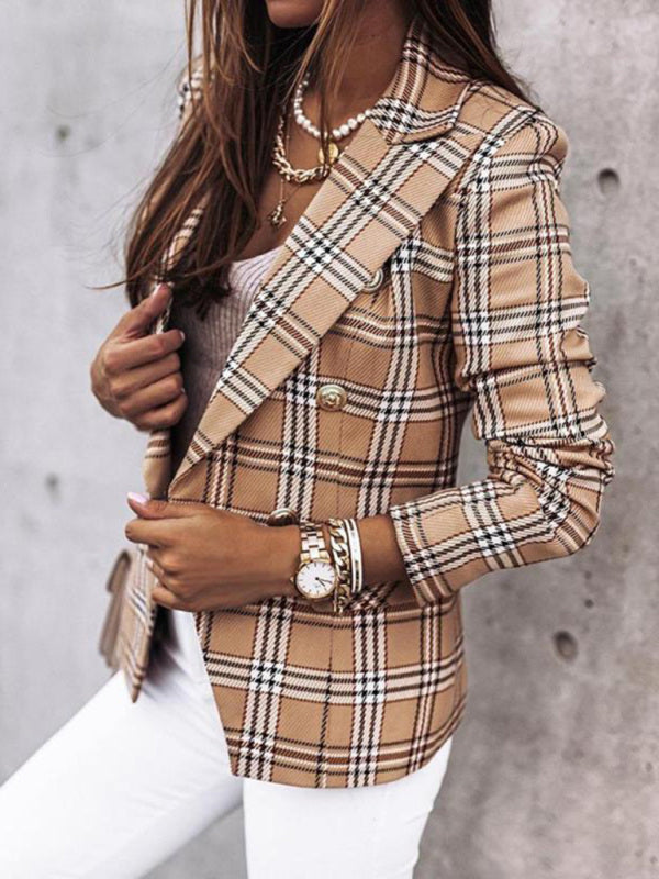 Long-Sleeved Double-Breasted Plaid-Print Blazer-[Adult]-[Female]-2022 Online Blue Zone Planet
