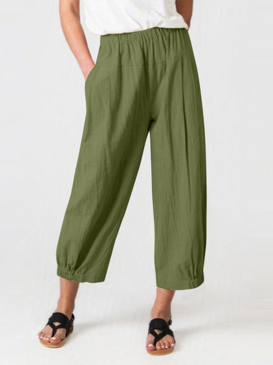 Loose Harem Pants High Waist Cotton Linen Cropped Pants Wide Leg Women's Pants-[Adult]-[Female]-Olive green-S-2022 Online Blue Zone Planet