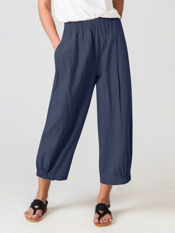 Loose Harem Pants High Waist Cotton Linen Cropped Pants Wide Leg Women's Pants-[Adult]-[Female]-Purplish blue navy-S-2022 Online Blue Zone Planet