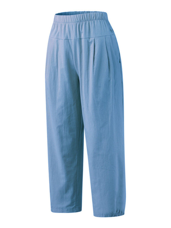Loose Harem Pants High Waist Cotton Linen Cropped Pants Wide Leg Women's Pants-[Adult]-[Female]-2022 Online Blue Zone Planet