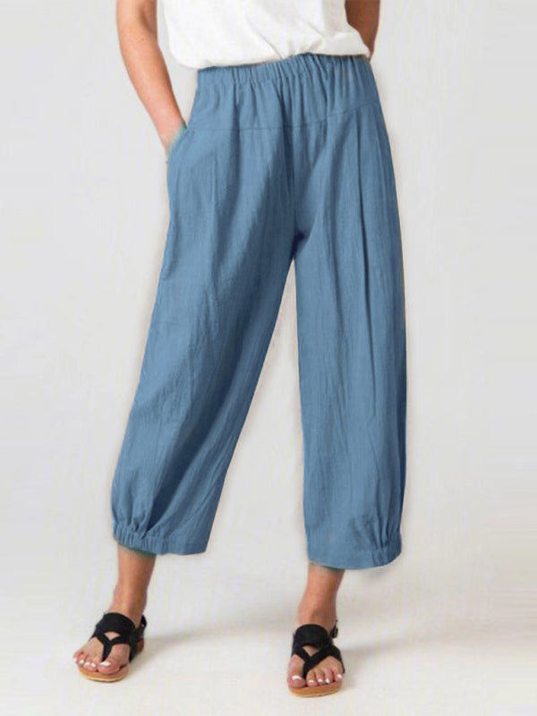 Loose Harem Pants High Waist Cotton Linen Cropped Pants Wide Leg Women's Pants-[Adult]-[Female]-Sky blue azure-S-2022 Online Blue Zone Planet