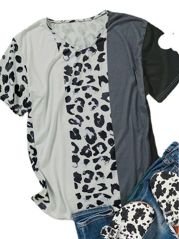 Black and White Colorblock Leopard Print Short Sleeve V-Neck T-Shirt-TOPS / DRESSES-[Adult]-[Female]-2022 Online Blue Zone Planet