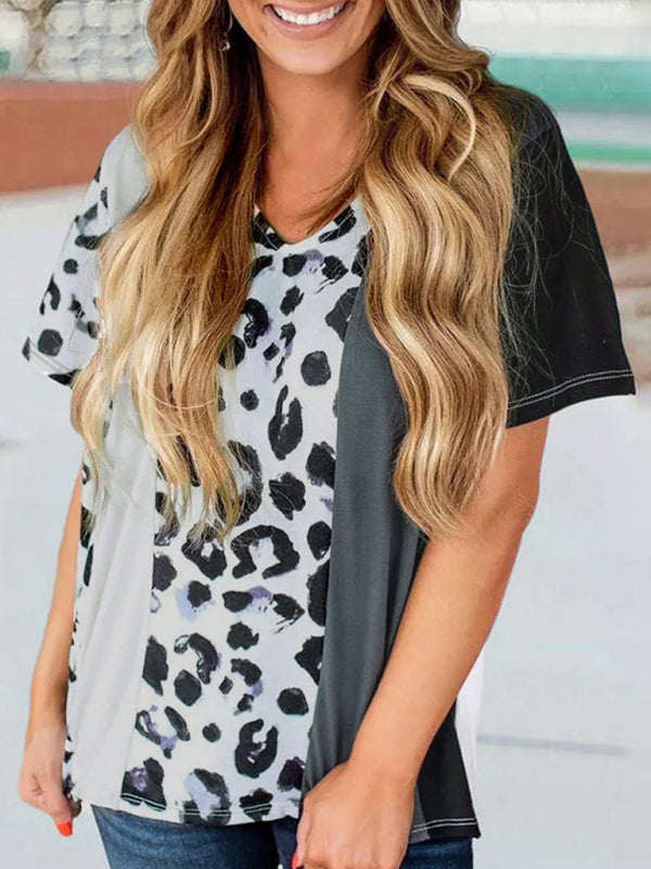 Black and White Colorblock Leopard Print Short Sleeve V-Neck T-Shirt-TOPS / DRESSES-[Adult]-[Female]-2022 Online Blue Zone Planet