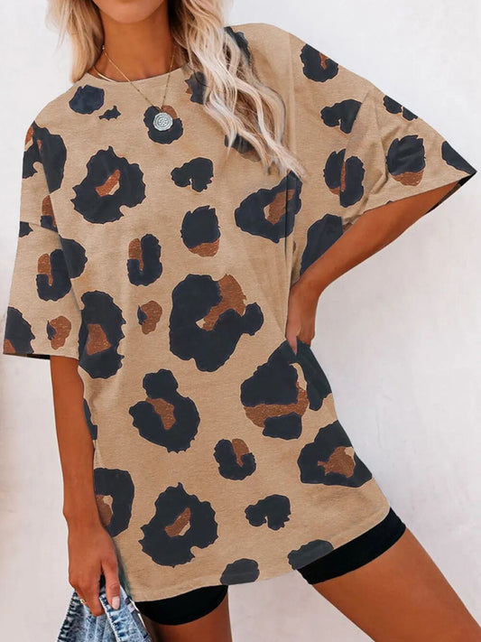 Leopard Print Pullover Short Sleeve Round Neck Loose T-Shirt-[Adult]-[Female]-Khaki-S-2022 Online Blue Zone Planet