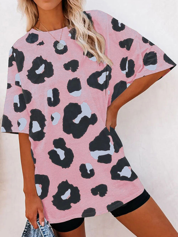 Leopard Print Pullover Short Sleeve Round Neck Loose T-Shirt-[Adult]-[Female]-Pink-S-2022 Online Blue Zone Planet