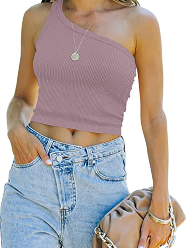 Women's Spring Off Shoulder Crop Tank Top Rib Casual Slim T-Shirt-[Adult]-[Female]-2022 Online Blue Zone Planet