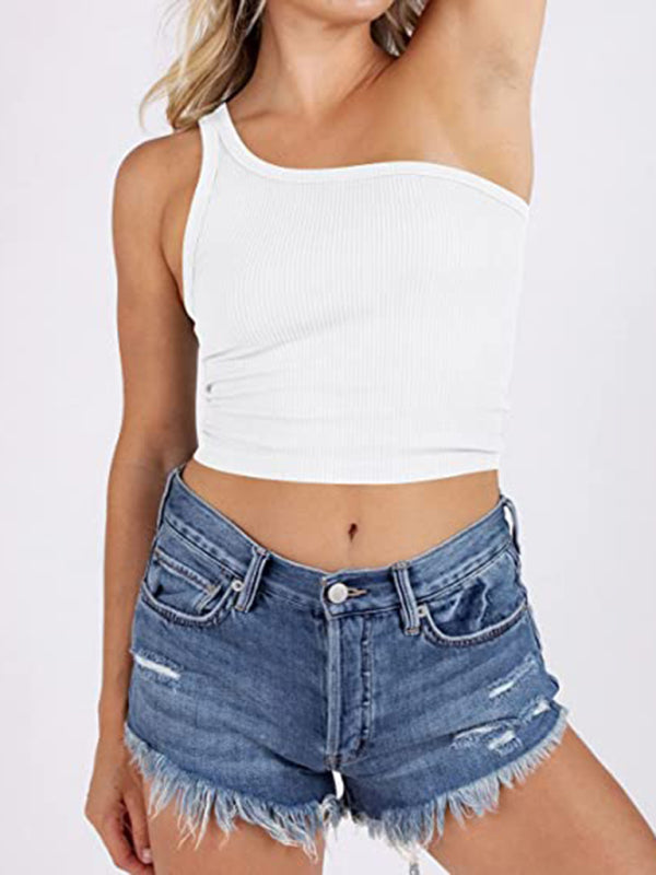 Women's Spring Off Shoulder Crop Tank Top Rib Casual Slim T-Shirt-[Adult]-[Female]-White-S-2022 Online Blue Zone Planet