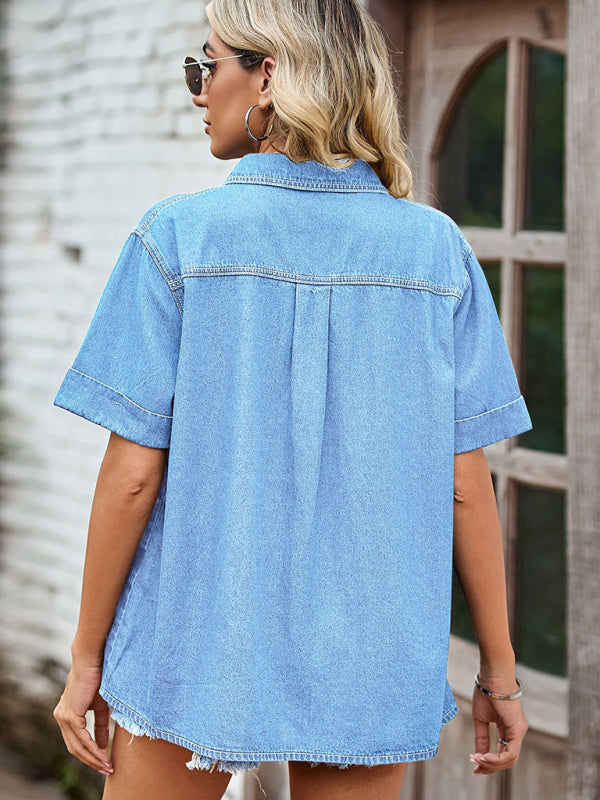 Blue Zone Planet |  New all-match thin denim short-sleeved shirt top BLUE ZONE PLANET