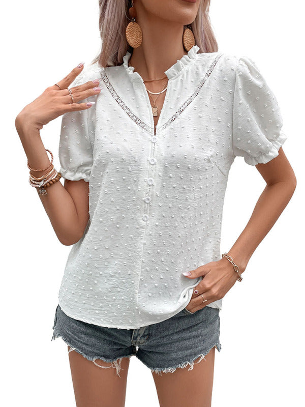 Woven Jacquard Fabric Short Sleeve Lace Shirt-[Adult]-[Female]-2022 Online Blue Zone Planet