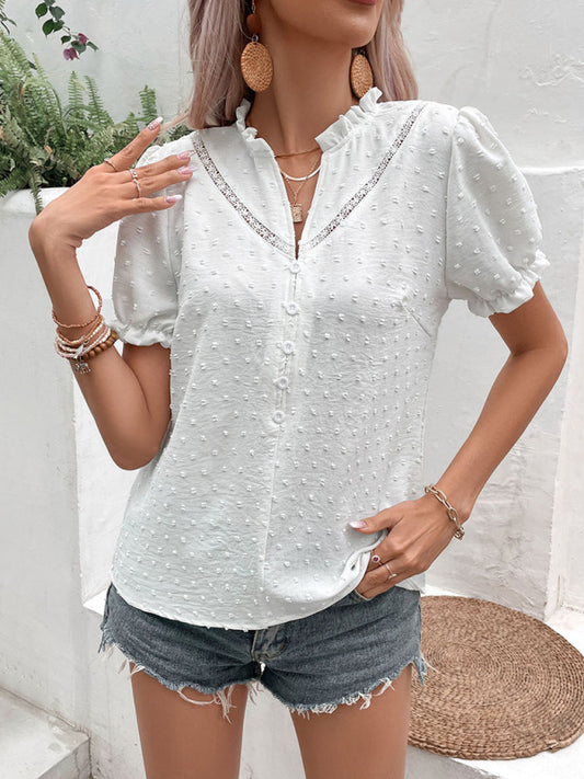 Woven Jacquard Fabric Short Sleeve Lace Shirt-[Adult]-[Female]-White-S-2022 Online Blue Zone Planet