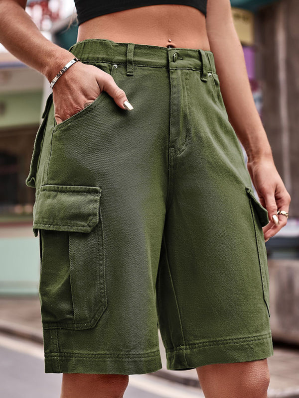 New Elastic Waist Denim Cargo Cropped Shorts-[Adult]-[Female]-Olive green-S-2022 Online Blue Zone Planet