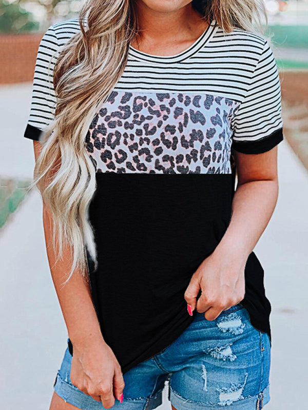 Round Neck Striped Leopard Print Contrasting Color Short Sleeve T-Shirt-[Adult]-[Female]-Black-S-2022 Online Blue Zone Planet