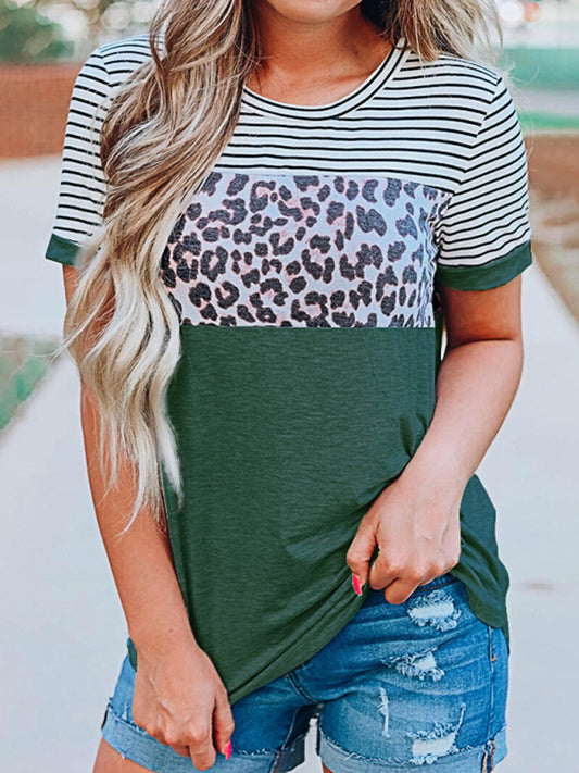 Round Neck Striped Leopard Print Contrasting Color Short Sleeve T-Shirt-[Adult]-[Female]-Green-S-2022 Online Blue Zone Planet