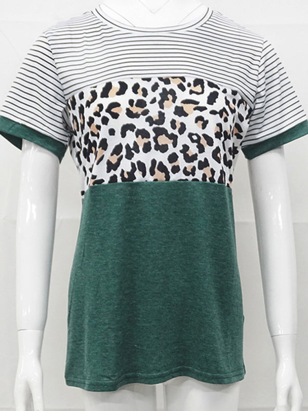 Round Neck Striped Leopard Print Contrasting Color Short Sleeve T-Shirt-[Adult]-[Female]-2022 Online Blue Zone Planet