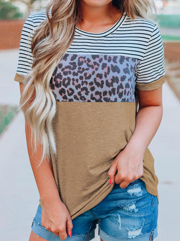 Round Neck Striped Leopard Print Contrasting Color Short Sleeve T-Shirt-[Adult]-[Female]-Khaki-S-2022 Online Blue Zone Planet
