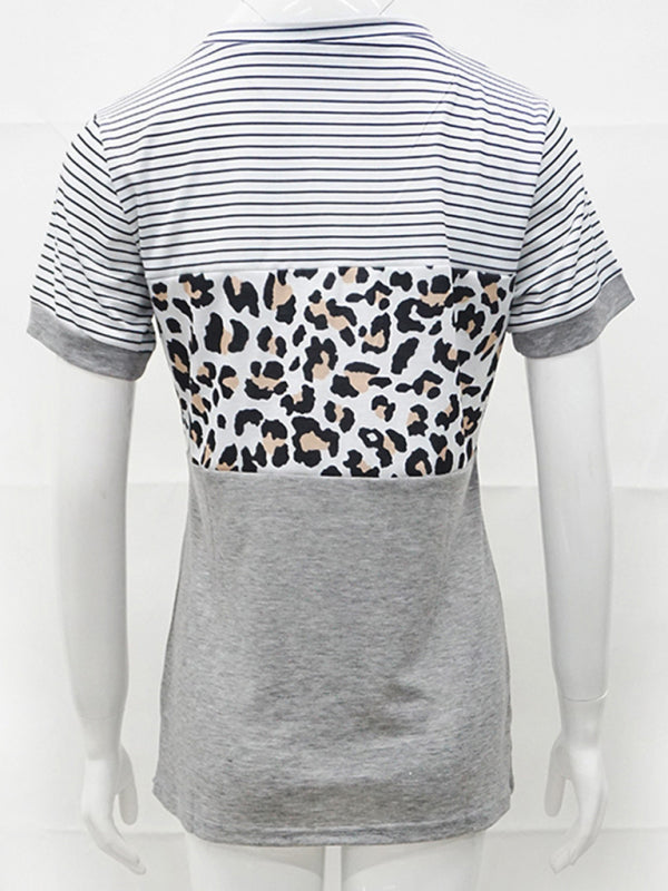 Round Neck Striped Leopard Print Contrasting Color Short Sleeve T-Shirt-[Adult]-[Female]-2022 Online Blue Zone Planet