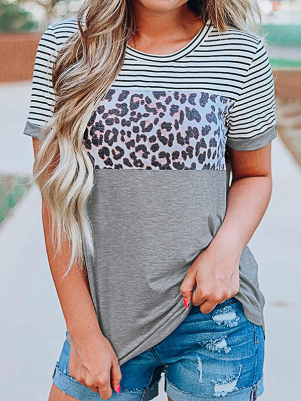 Round Neck Striped Leopard Print Contrasting Color Short Sleeve T-Shirt-[Adult]-[Female]-Misty grey-S-2022 Online Blue Zone Planet