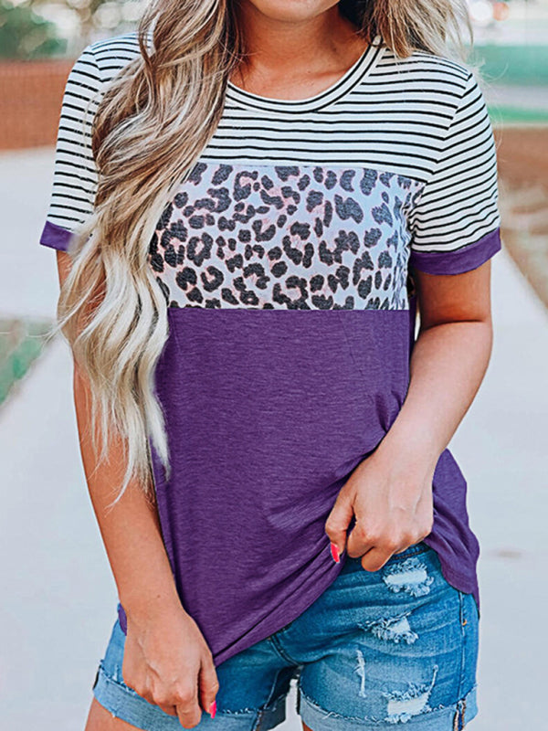 Round Neck Striped Leopard Print Contrasting Color Short Sleeve T-Shirt-[Adult]-[Female]-Purple-S-2022 Online Blue Zone Planet