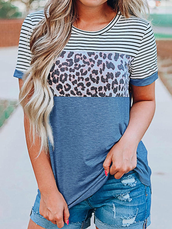 Round Neck Striped Leopard Print Contrasting Color Short Sleeve T-Shirt-[Adult]-[Female]-Sky blue azure-S-2022 Online Blue Zone Planet