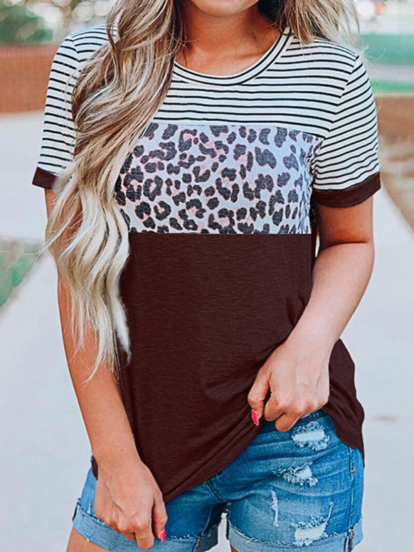 Round Neck Striped Leopard Print Contrasting Color Short Sleeve T-Shirt-[Adult]-[Female]-Wine Red-S-2022 Online Blue Zone Planet