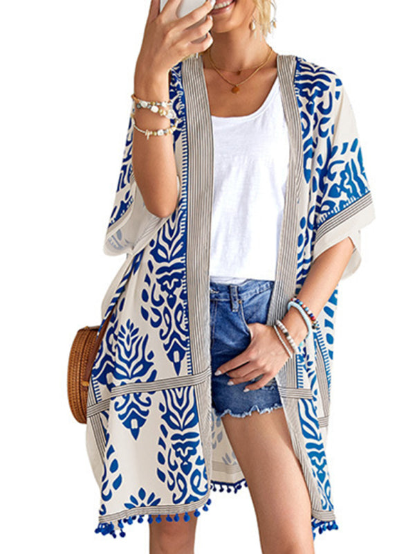 Blue Zone Planet | Women's Sexy Boho Print Vacation Beach Cover Up-[Adult]-[Female]-Blue-F-2022 Online Blue Zone Planet