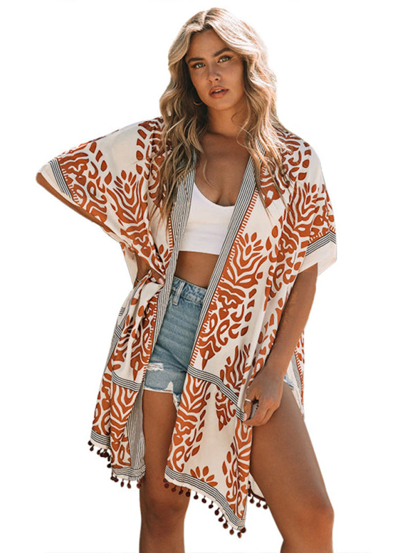 Blue Zone Planet | Women's Sexy Boho Print Vacation Beach Cover Up-[Adult]-[Female]-Orange-F-2022 Online Blue Zone Planet