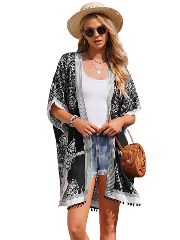 Blue Zone Planet | Women's Sexy Boho Print Vacation Beach Cover Up-[Adult]-[Female]-Pitch-black-F-2022 Online Blue Zone Planet