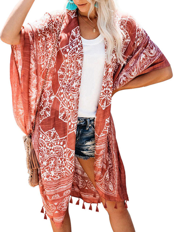 Blue Zone Planet | Women's Sexy Boho Print Vacation Beach Cover Up-[Adult]-[Female]-Brown-F-2022 Online Blue Zone Planet