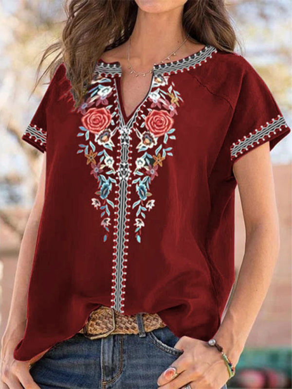 Women's Ethnic Print Short Sleeve T-Shirt Top-[Adult]-[Female]-Red-S-2022 Online Blue Zone Planet