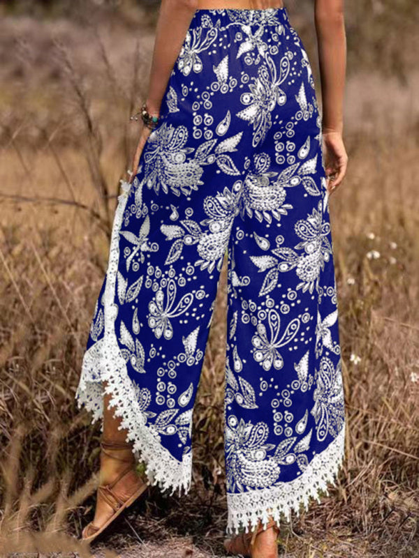 ethnic style print stitching lace trousers BLUE ZONE PLANET