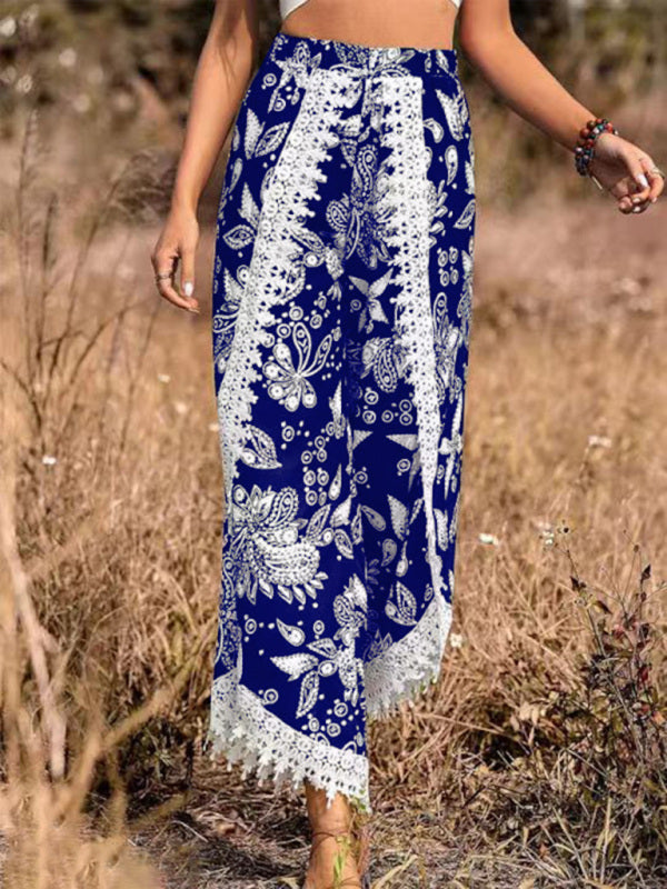 ethnic style print stitching lace trousers BLUE ZONE PLANET