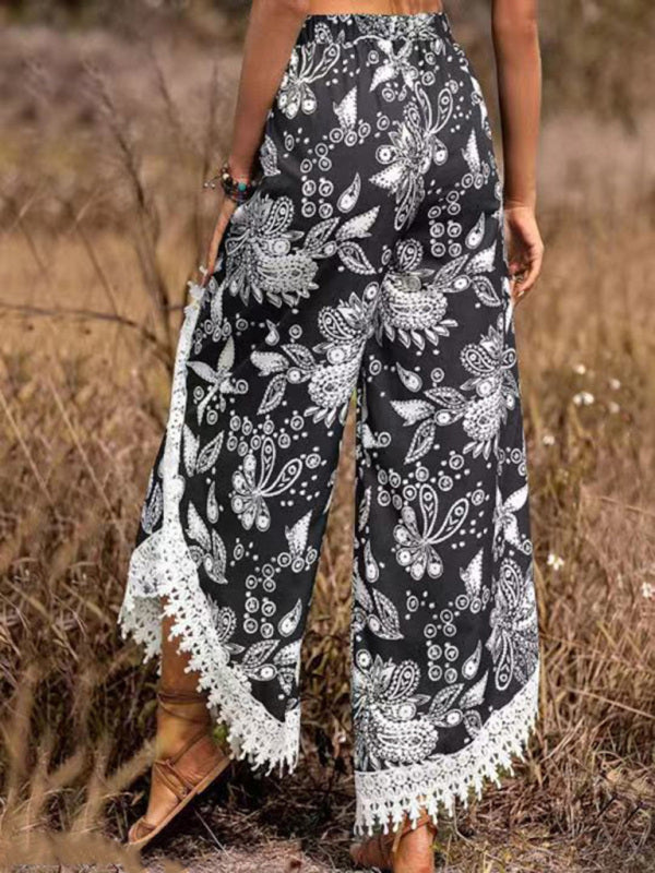 ethnic style print stitching lace trousers BLUE ZONE PLANET