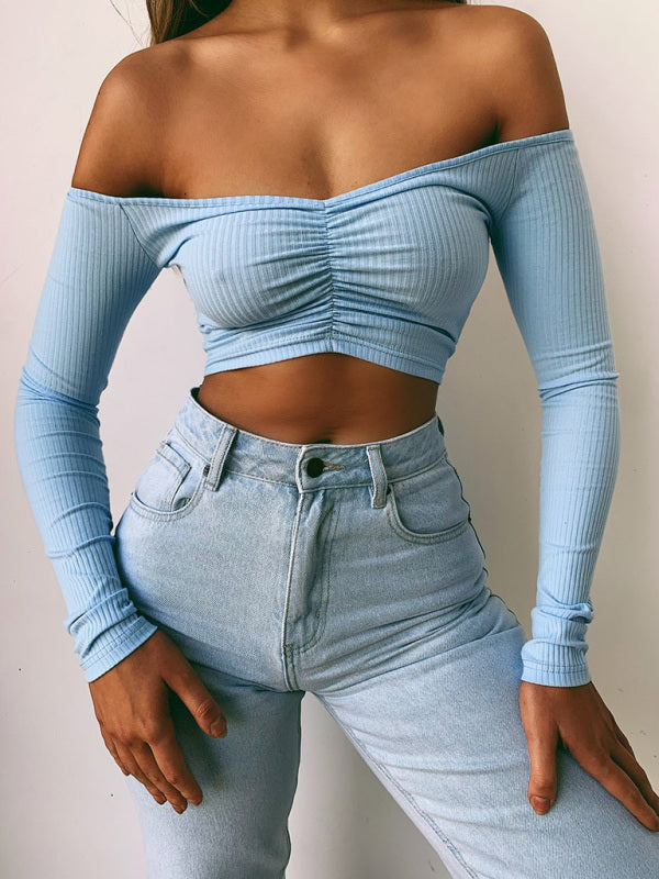 Blue Zone Planet | navel cropped cropped slim-fit off-shoulder long-sleeved top BLUE ZONE PLANET